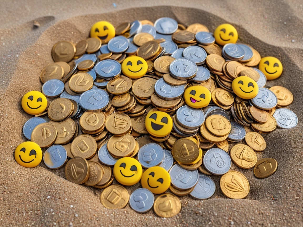 Shiny Coins and Emoji Faces in Soft Sand Scene