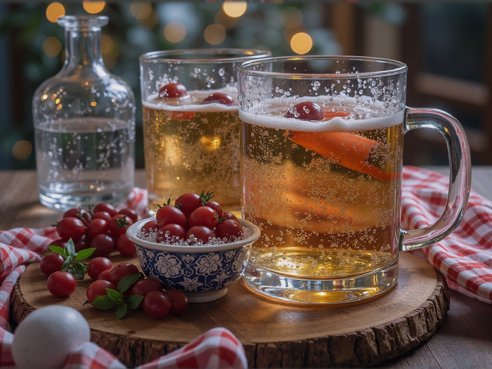 Frosty Mugs of Sparkling Beverage with Tomatoes and Carrot