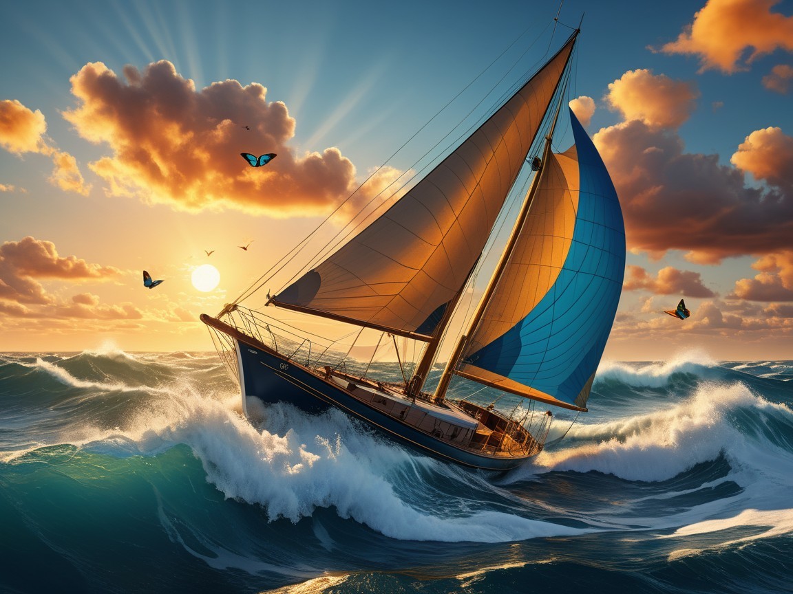 Majestic Sailboat with Colorful Sails at Sunset