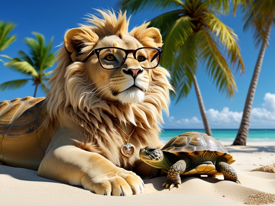 Lion with Glasses Relaxing on a Tropical Beach