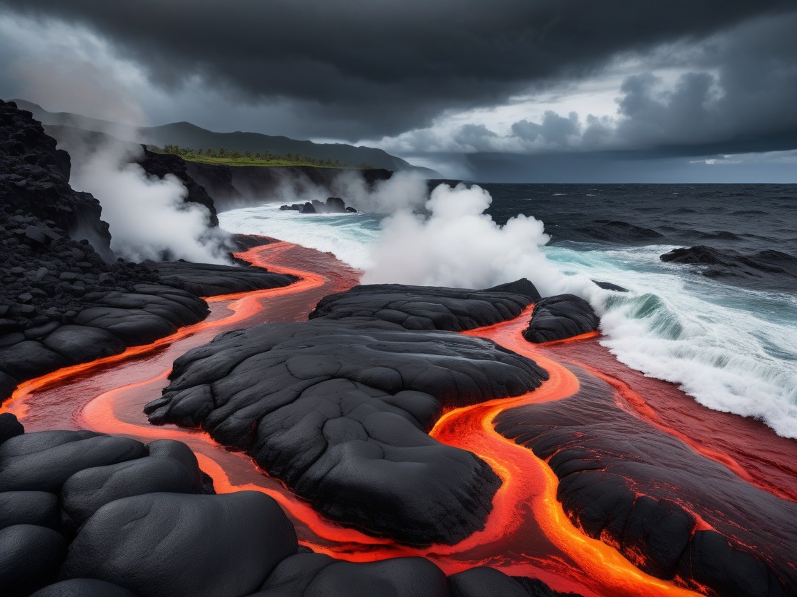 Molten Lava Flowing into Ocean with Dramatic Landscape