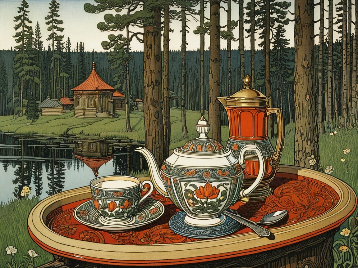Serene Outdoor Tea Set with Lake and Wildflowers