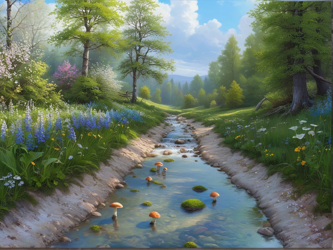 Serene Landscape with Stream and Vibrant Meadow