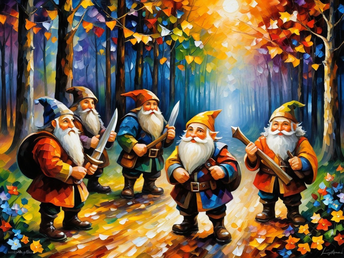 Five Gnomes with Distinctive Hats in Colorful Forest
