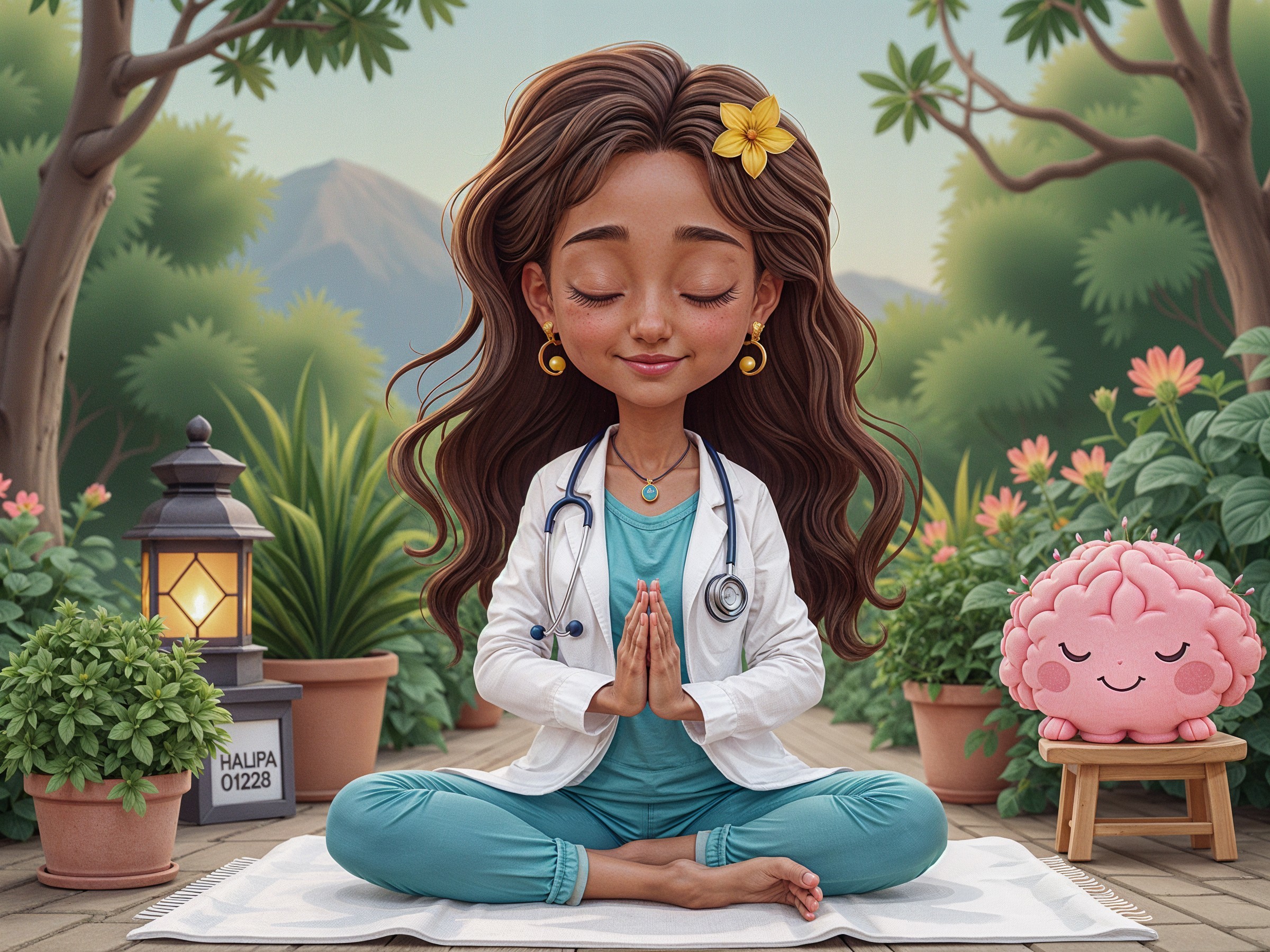 Young Girl in Doctor's Coat in Serene Garden Setting