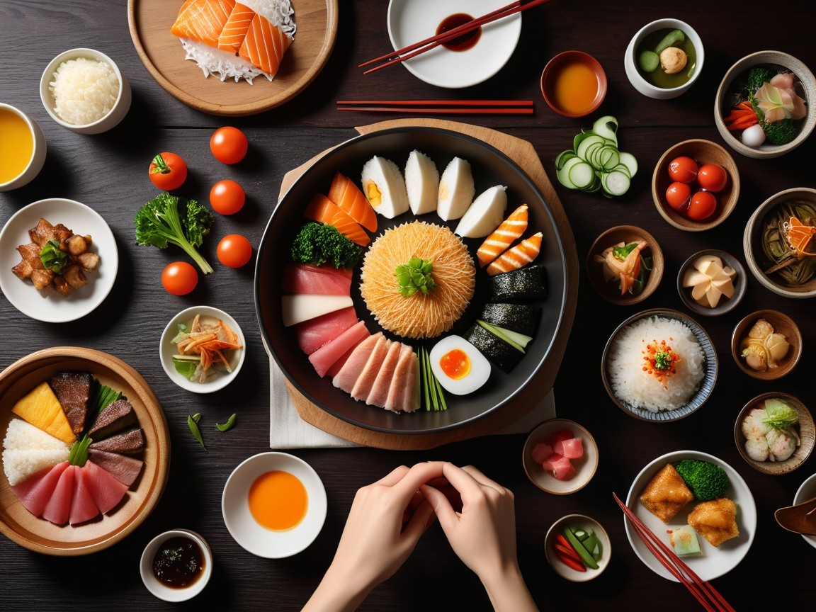 Colorful Sushi and Japanese Dishes Dining Spread