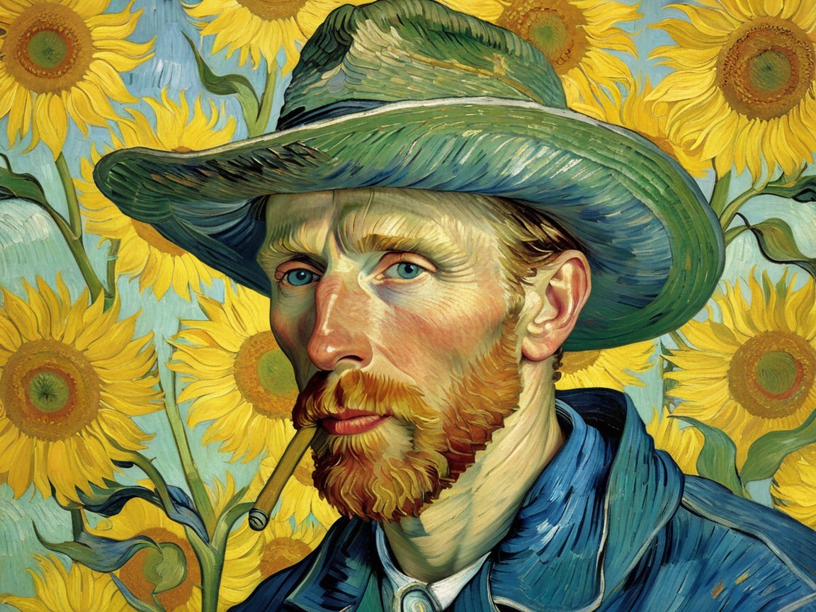 Self-Portrait with Pipe and Sunflowers Background