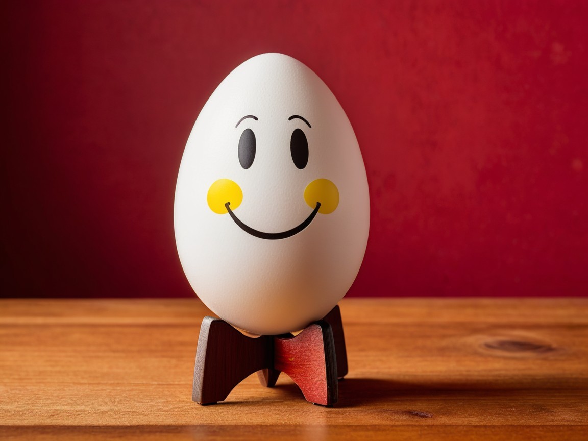 Cheerful White Egg with Smiling Face on Wooden Stand