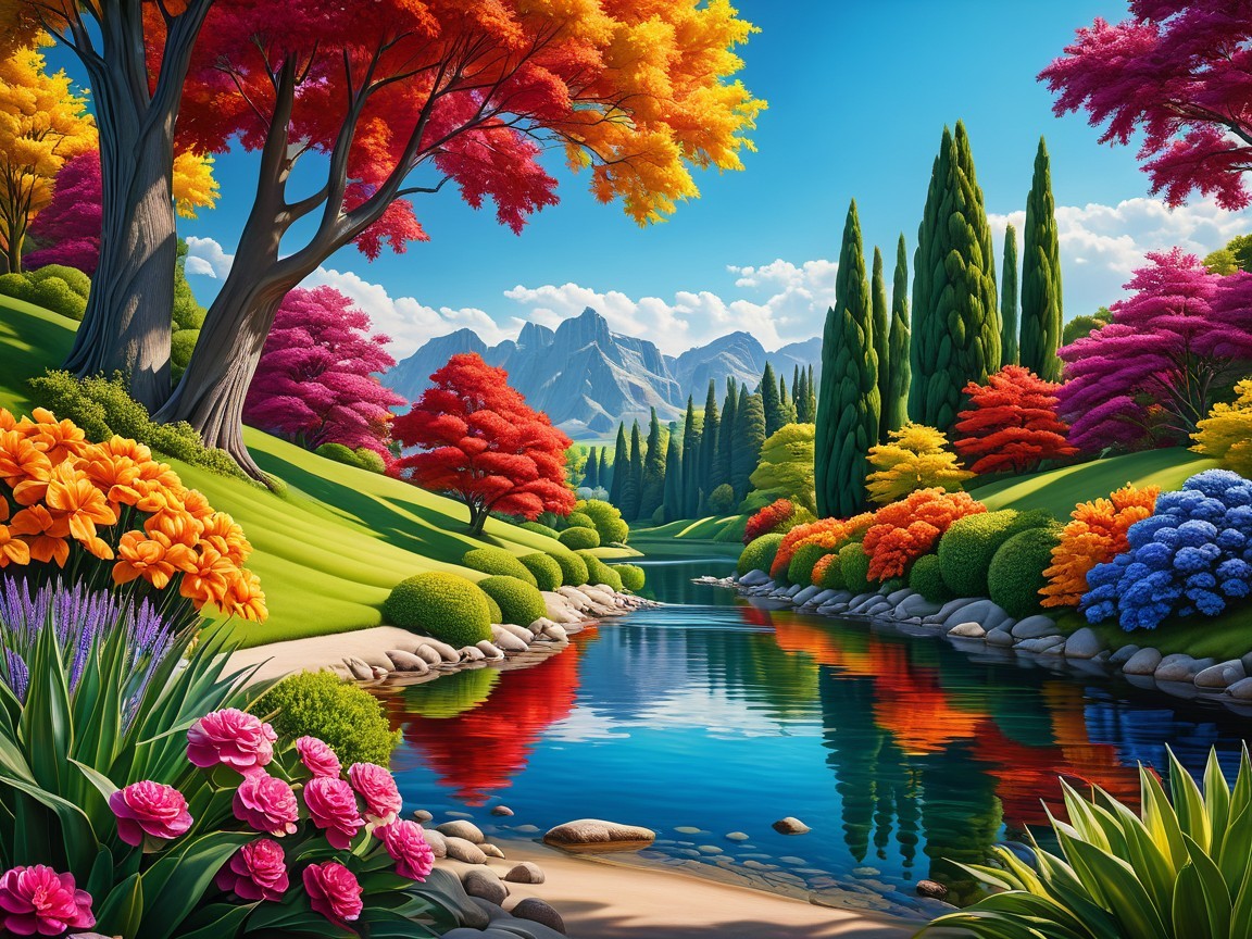 Vivid Landscape with River and Colorful Garden