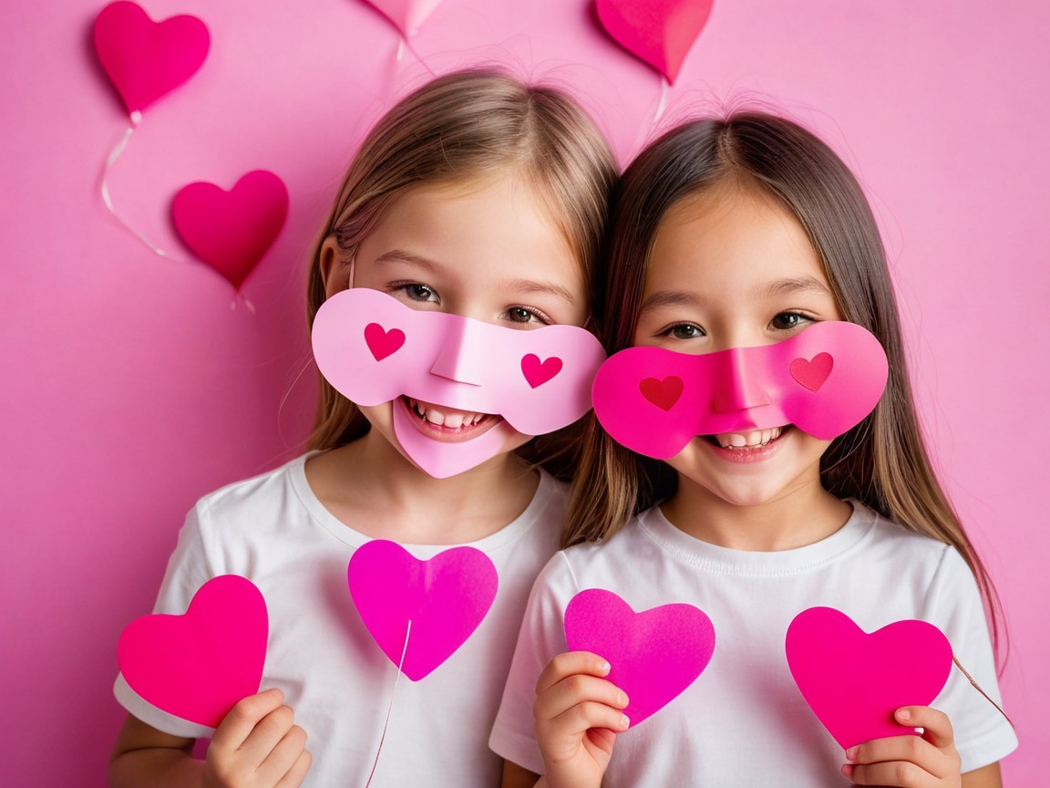 Young Girls in Heart Masks Against Pink Backdrop