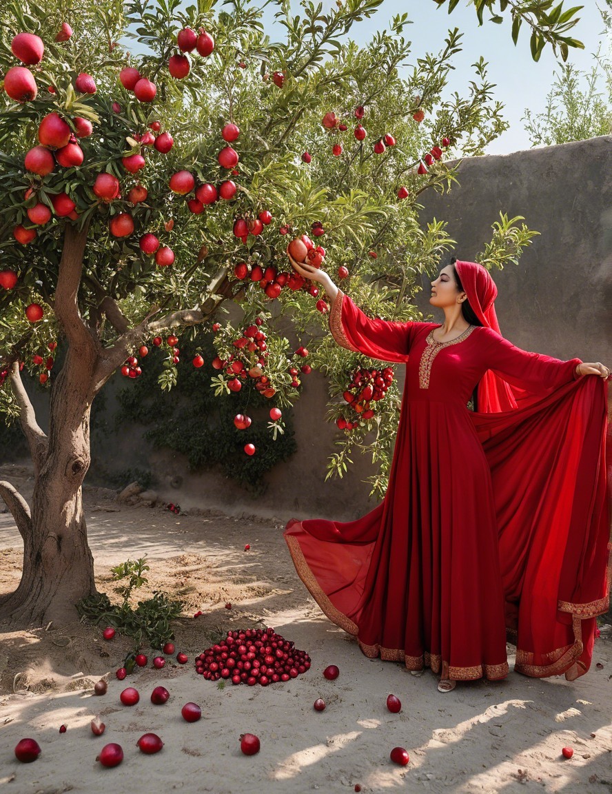 Woman in Red Dress Reaching for Pomegranates in Garden
