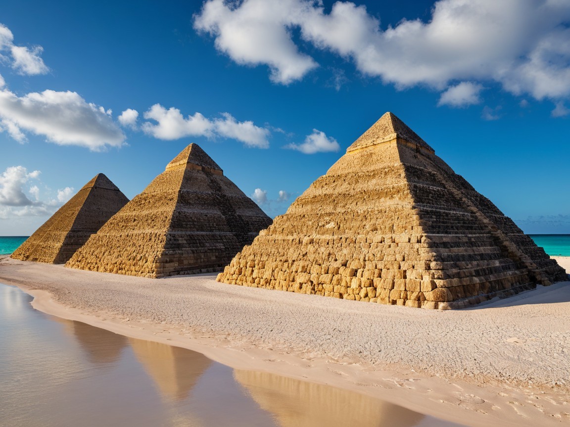 Pyramids on a Beach with Blue Sky and Waves