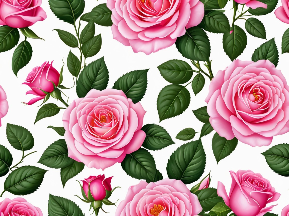 Vibrant Floral Pattern with Pink Roses and Green Leaves