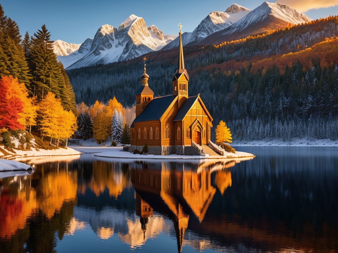 Wooden Church by Lake with Mountains and Autumn Foliage