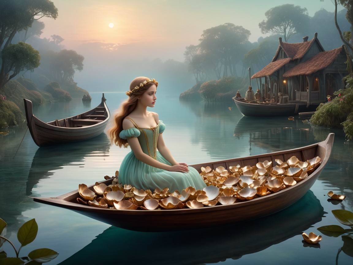 Serene Dawn Scene with Woman in Green Dress and Petals