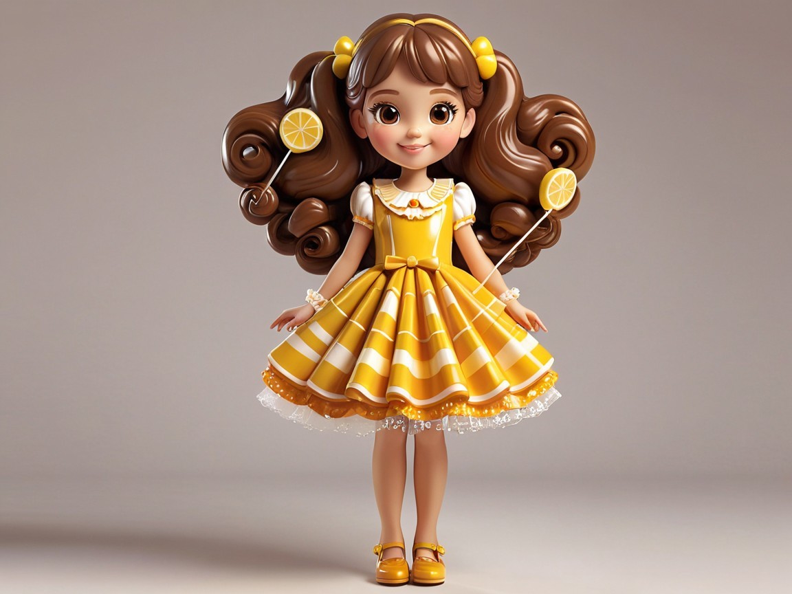 3D Rendering of a Chibi-Style Girl Doll in Yellow Dress