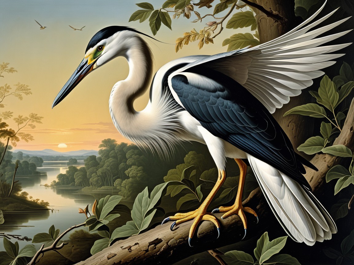 Vintage Wildlife Painting of a Great Blue Heron Perched