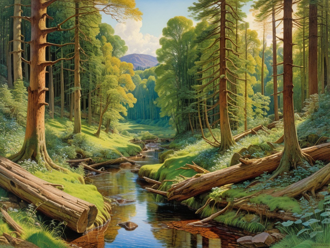 Serene Forest Landscape with Stream and Mountain View