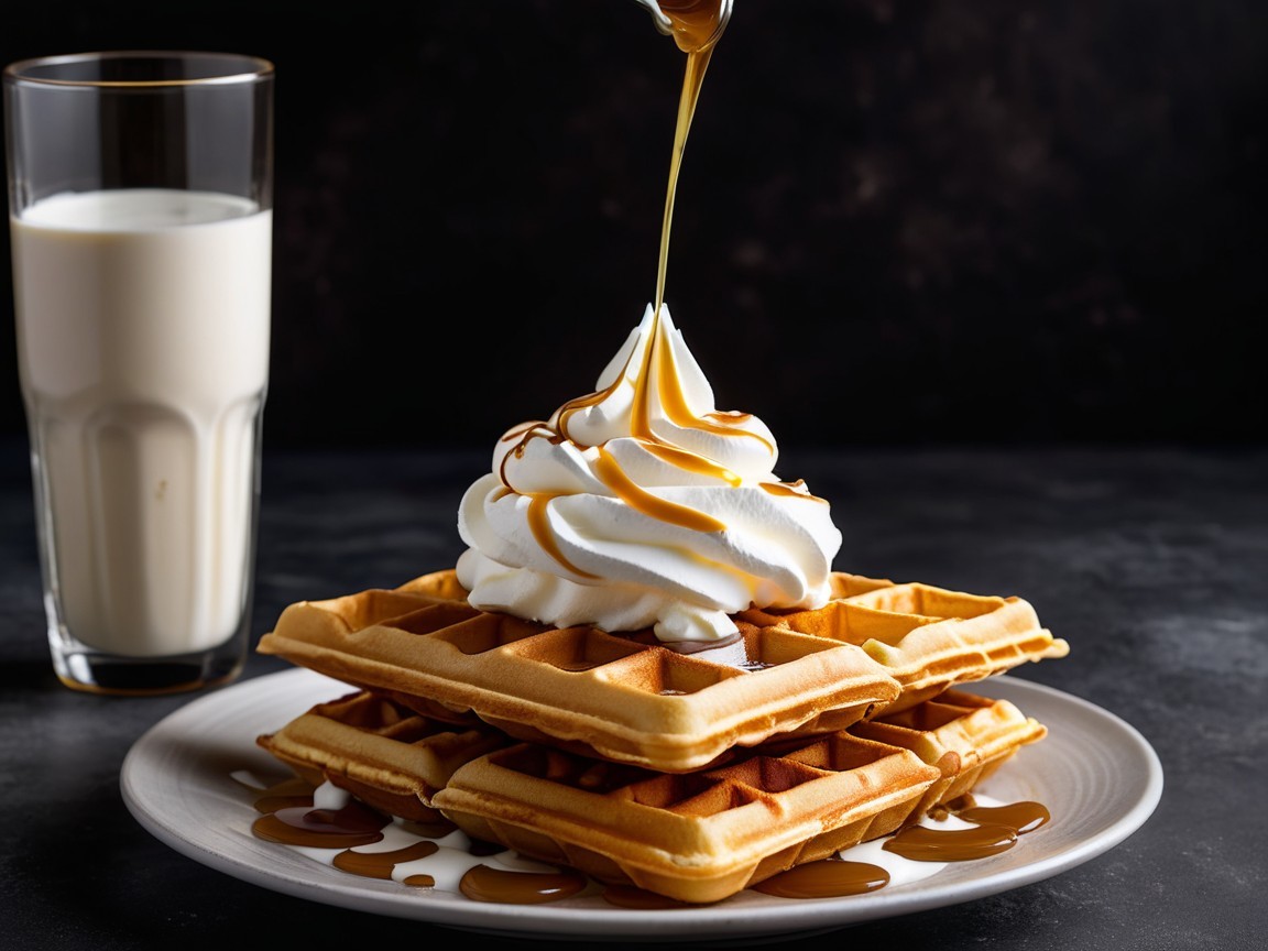 Golden waffles with whipped cream and caramel drizzle