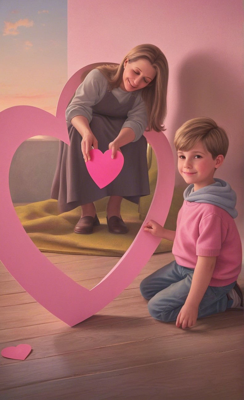Warm Scene of Woman and Boy Adding Hearts Together