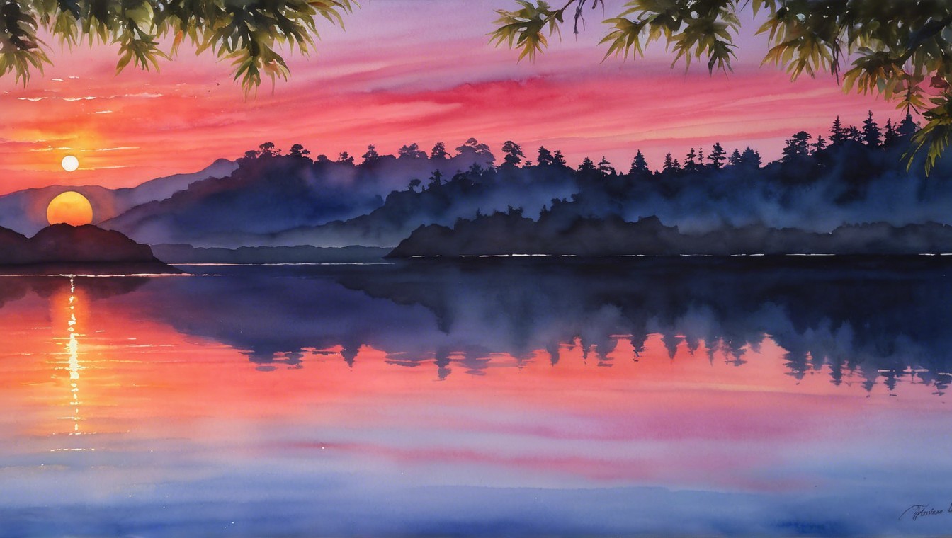 Watercolor Landscape of Sunset Over Calm Waters