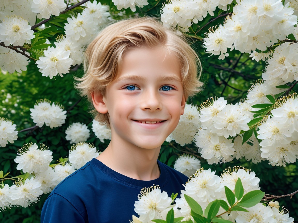 Blond-haired boy smiling among white flowers and greenery