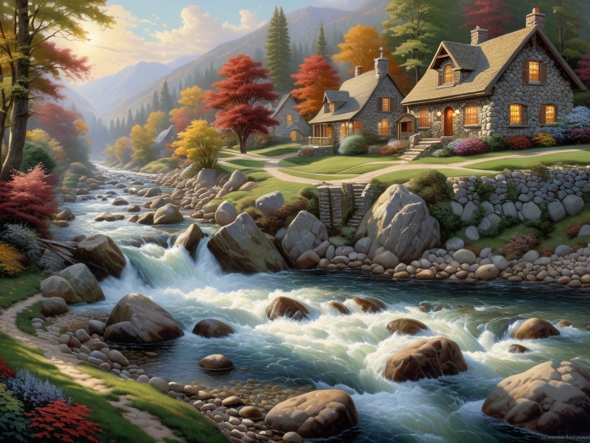 Vibrant Autumn Landscape with River and Stone Houses