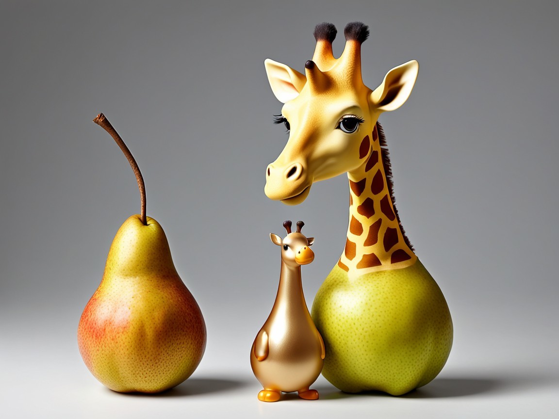 Realistic Still-Life with Pear and Giraffe Figurines