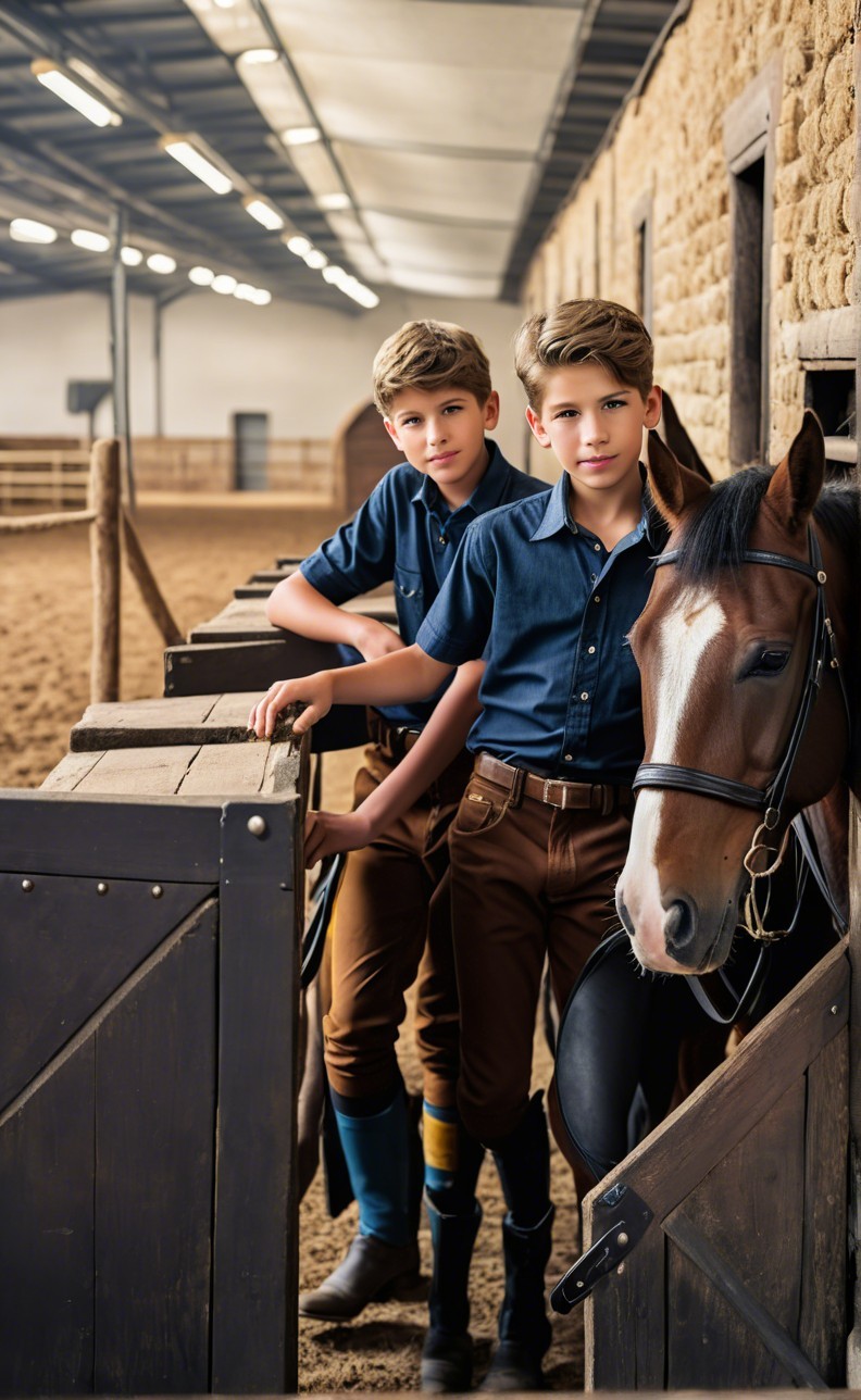 Boys in Matching Outfits Beside a Brown Horse in Stable