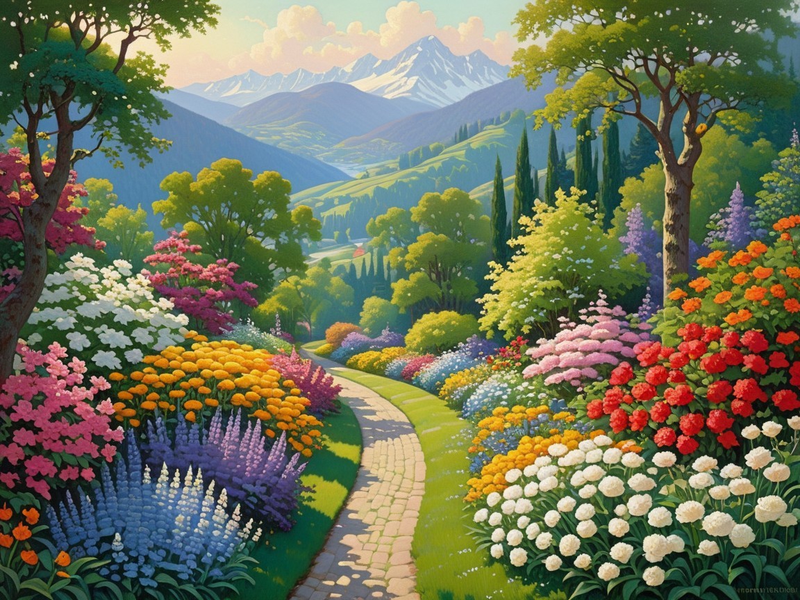 Vibrant Landscape with Winding Path and Colorful Flowers