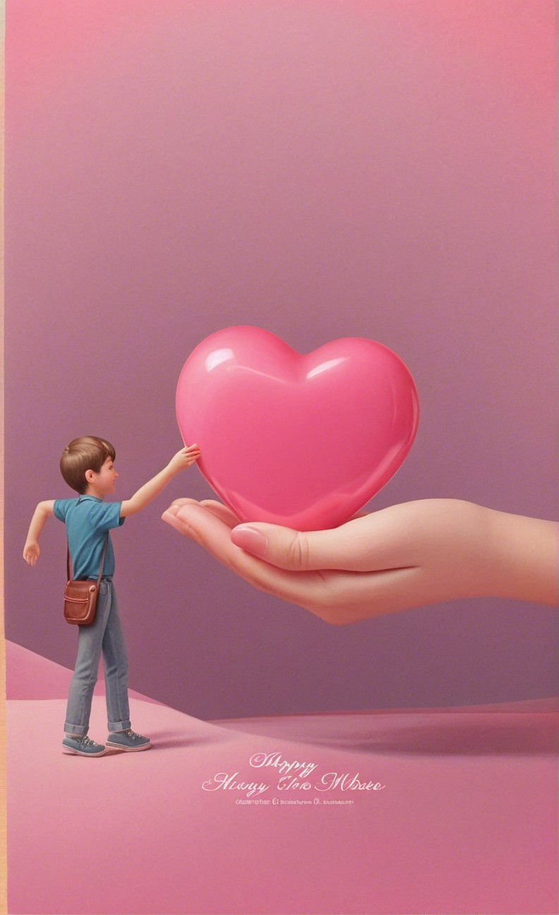 Whimsical Illustration of Boy and Heart on Pink Background