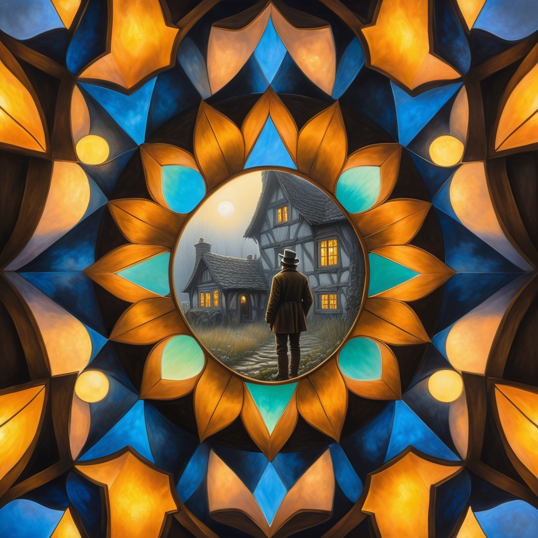 Stained Glass Window with Man, Cottages, and Patterns