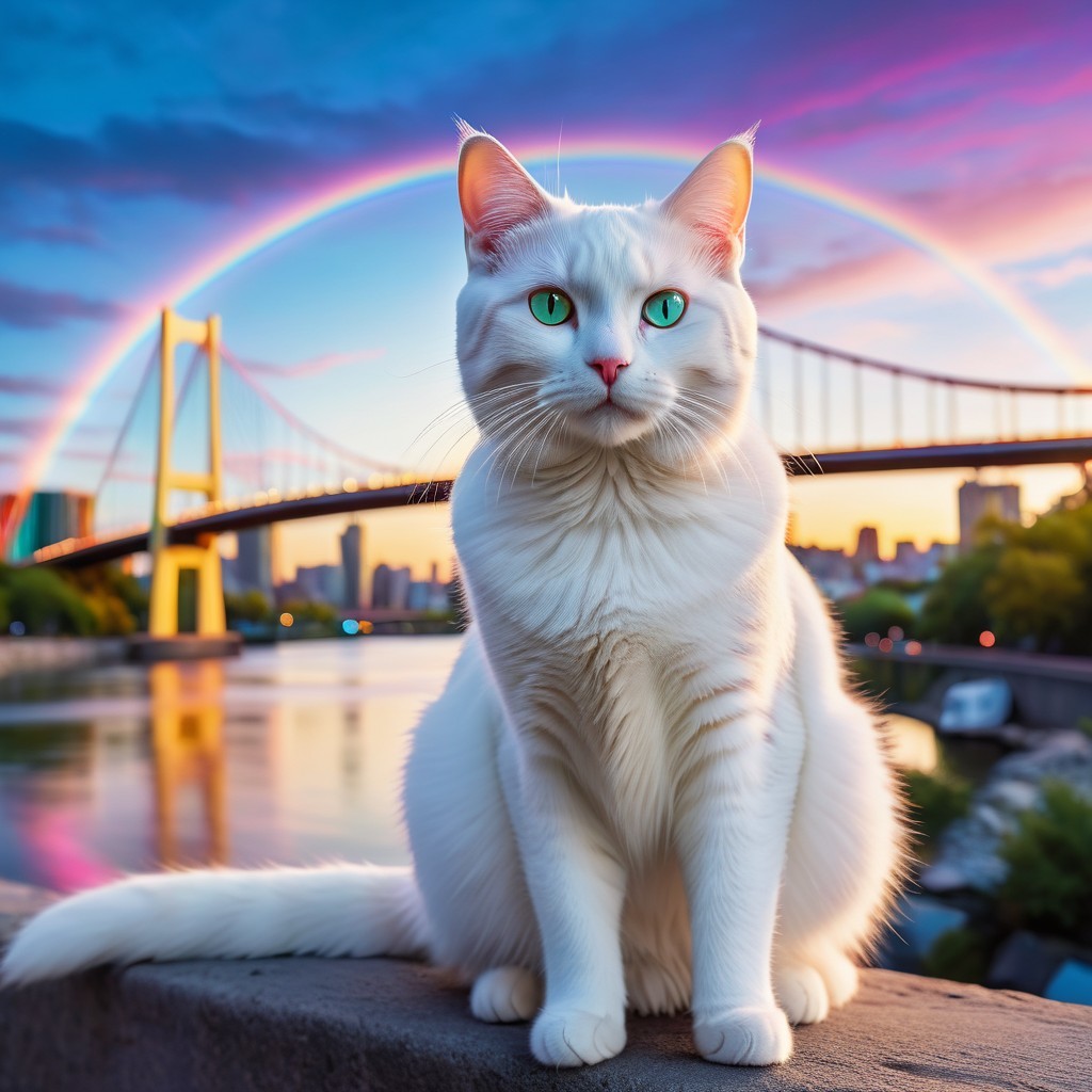 Majestic white cat by river under sunset and rainbow