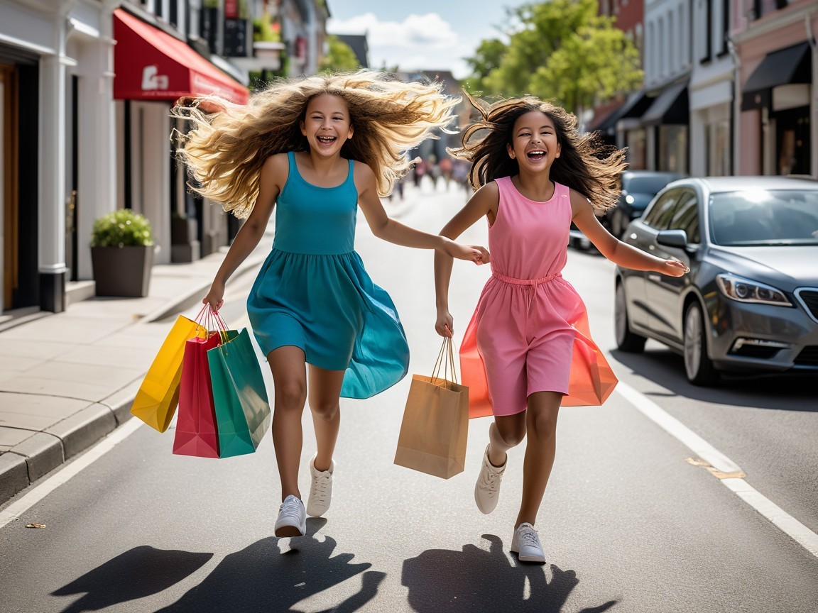 Young girls with shopping bags on a sunny street