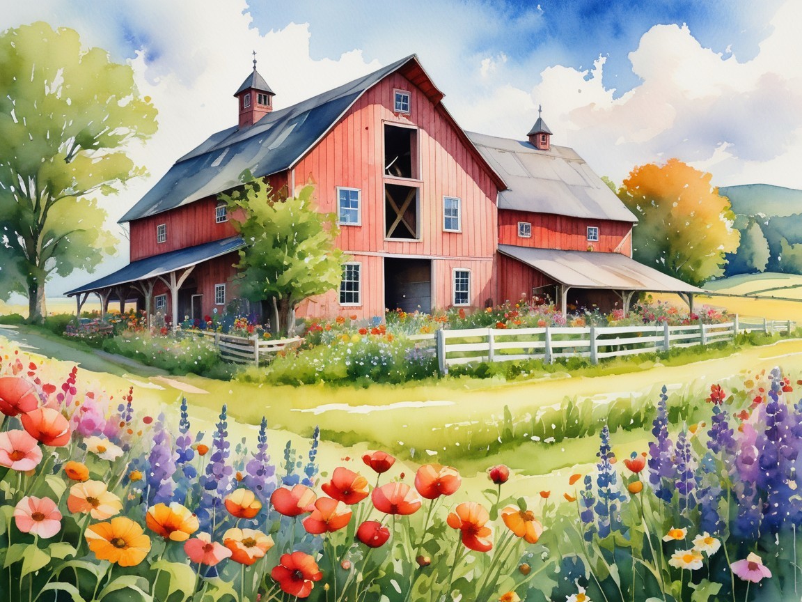 Red Barn in a Lush Green Landscape with Flower Fields
