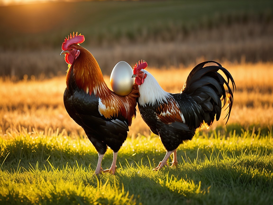 Colorful Roosters in a Sunset Field Scene