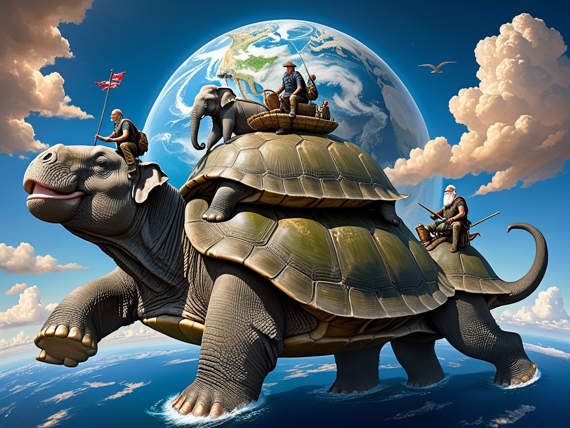 Colossal turtle with elephant and explorers in ocean scene
