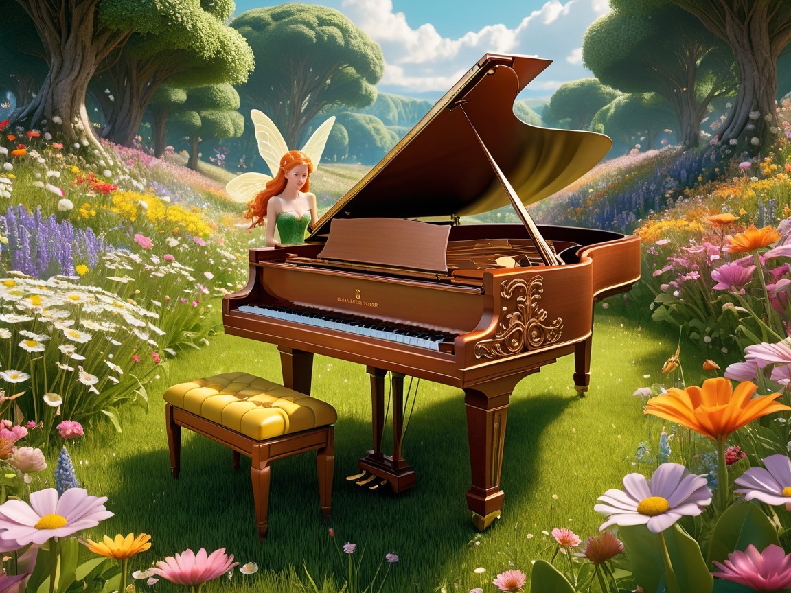 Whimsical Meadow with Grand Piano and Fairy