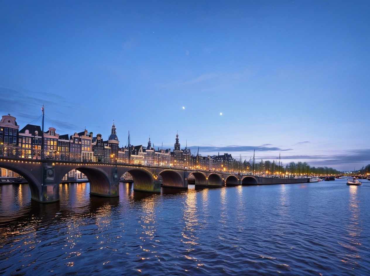 Amsterdam Twilight Skyline with Canal and Celestial Bodies