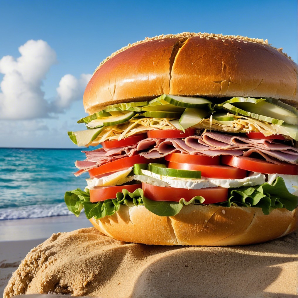 Vibrant Sandwich on a Beach with Ocean Background