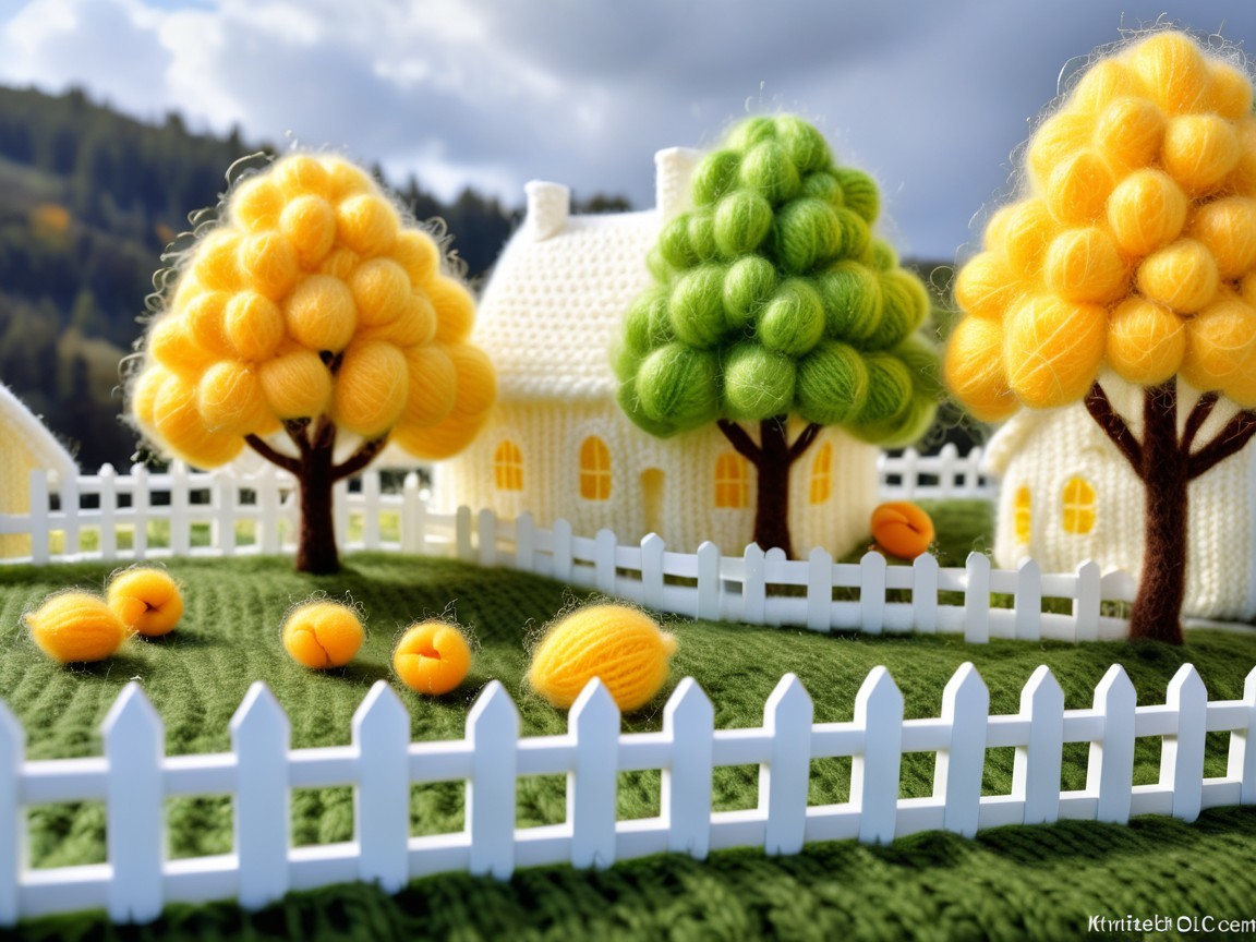 Knitted Houses Amidst Colorful Yarn Landscape