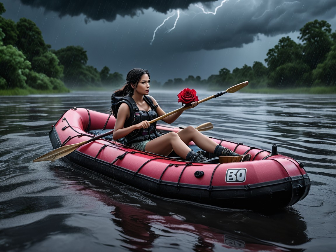 Woman in red raft on stormy river with rose