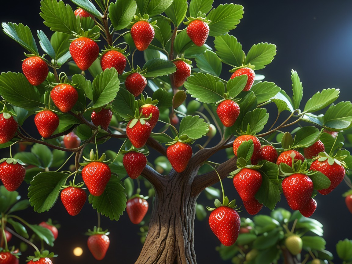 Whimsical tree with ripe strawberries and lush leaves