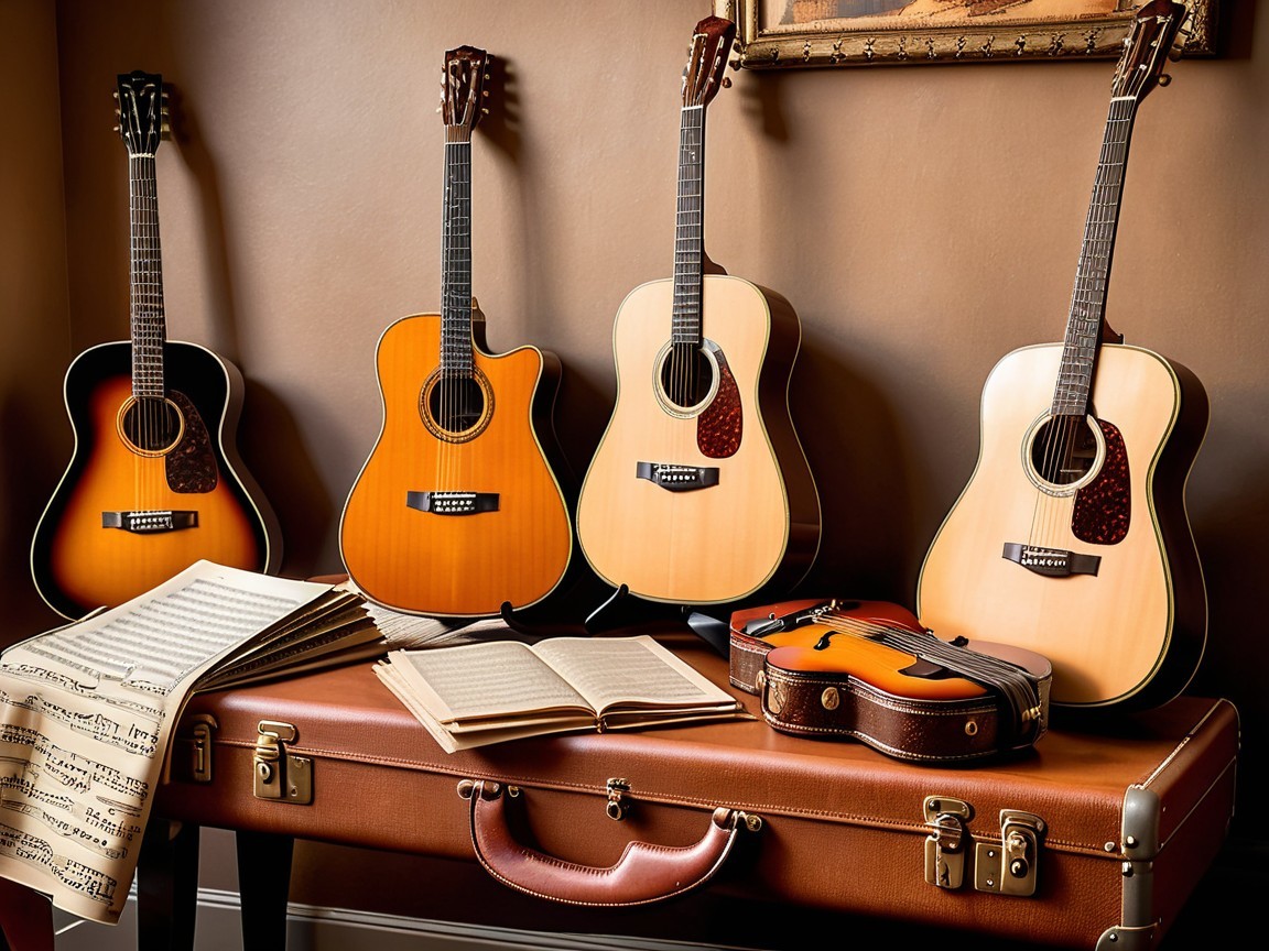 Acoustic Guitars and Violin on Vintage Suitcase Display