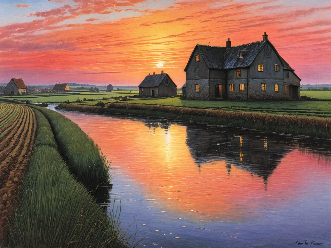 Serene Rural Landscape at Sunset with Vibrant Colors