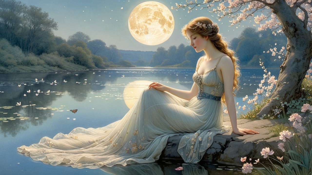 Twilight Scene of a Woman by a Tranquil Lake