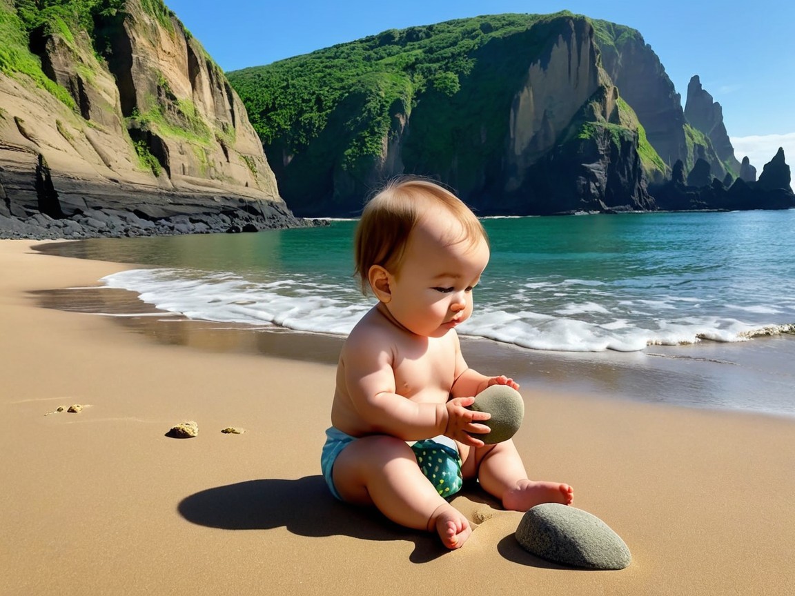 Joyful Baby on Sandy Beach with Lush Cliffs and Water