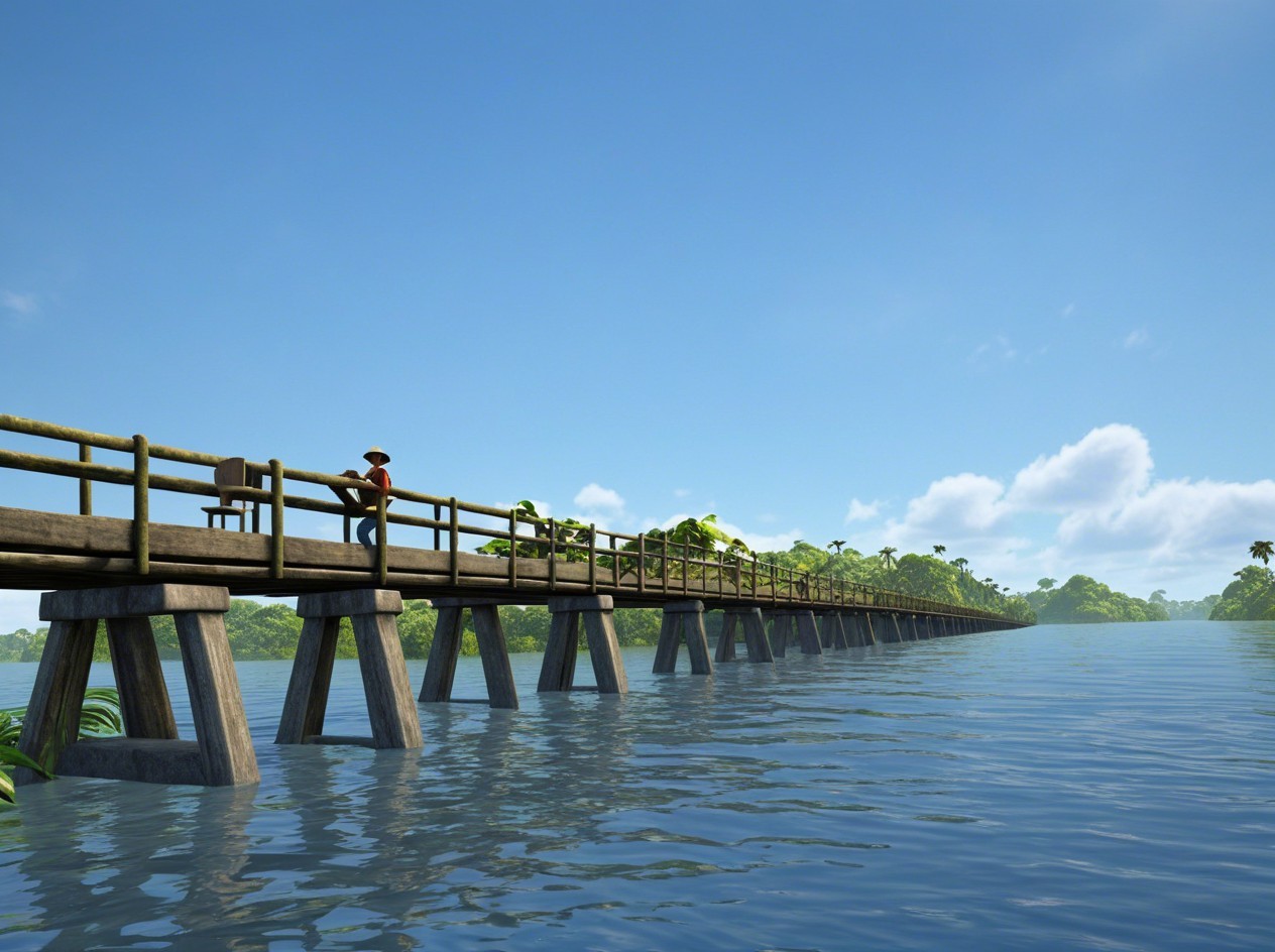 Wooden Bridge Over River with Figure and Landscape