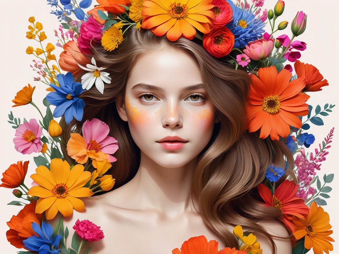 Young woman with floral crown and light features