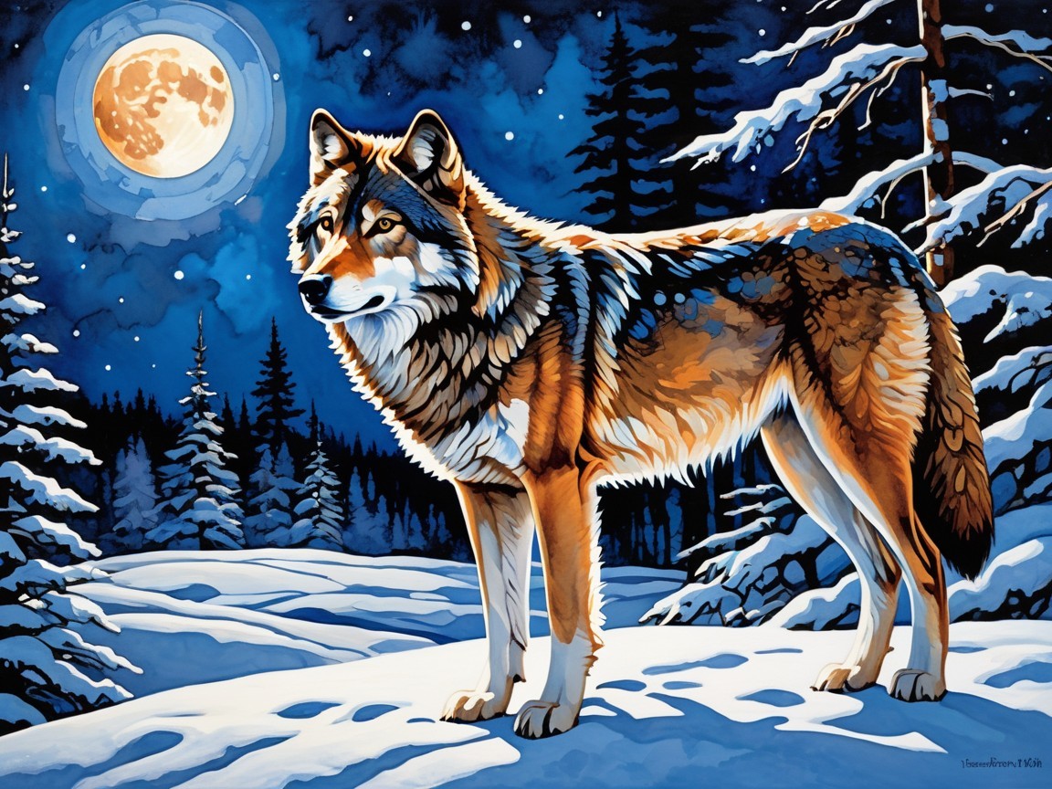 Wolf in Winter Landscape Under Full Moonlight